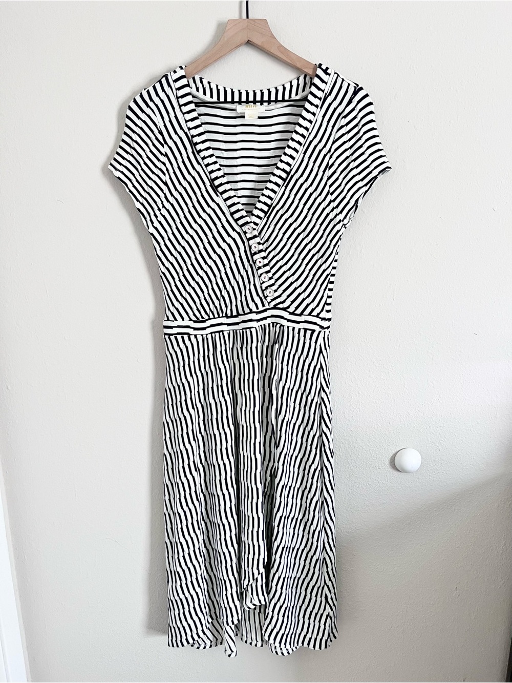 Maeve x Anthropologie Paladino Textured Dress Black White Striped Small V-Neck